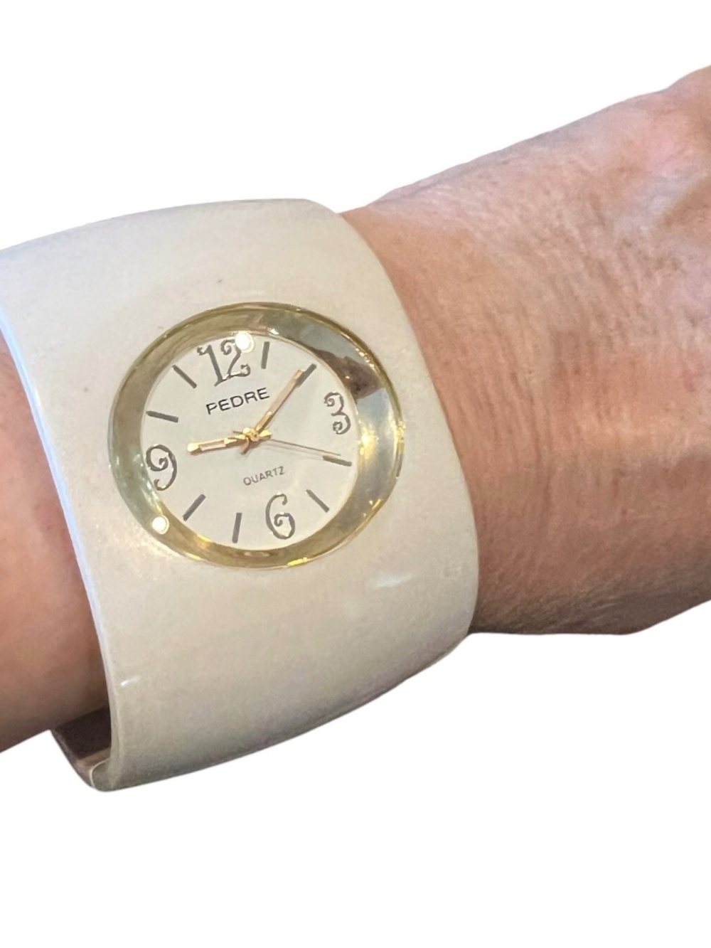 Padre Pearl White Cuff Watch Bracelet Style Mod Vintage Oval Face Spring at Cuff